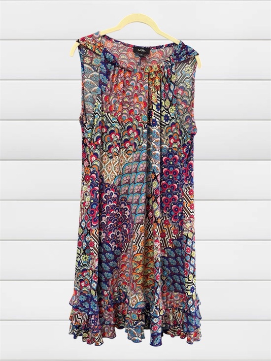 MSK Dresses & Skirts - MSK XL Colorful Boho Sleeveless Ruffle Hem Shift Swing Dress Stretchy Floral